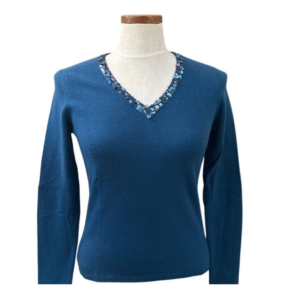 100% Cashmere Sequin V-Neck Sweater XS Teal Blue Embellished Vintage Knit Glam